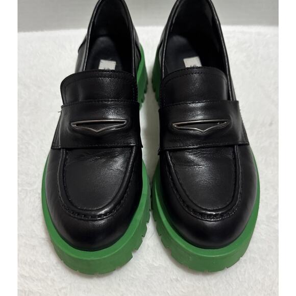 Steve Madden Penny Loafers Size 6 Black Leather Green Chunky Platform Lug Soles - Picture 3 of 7